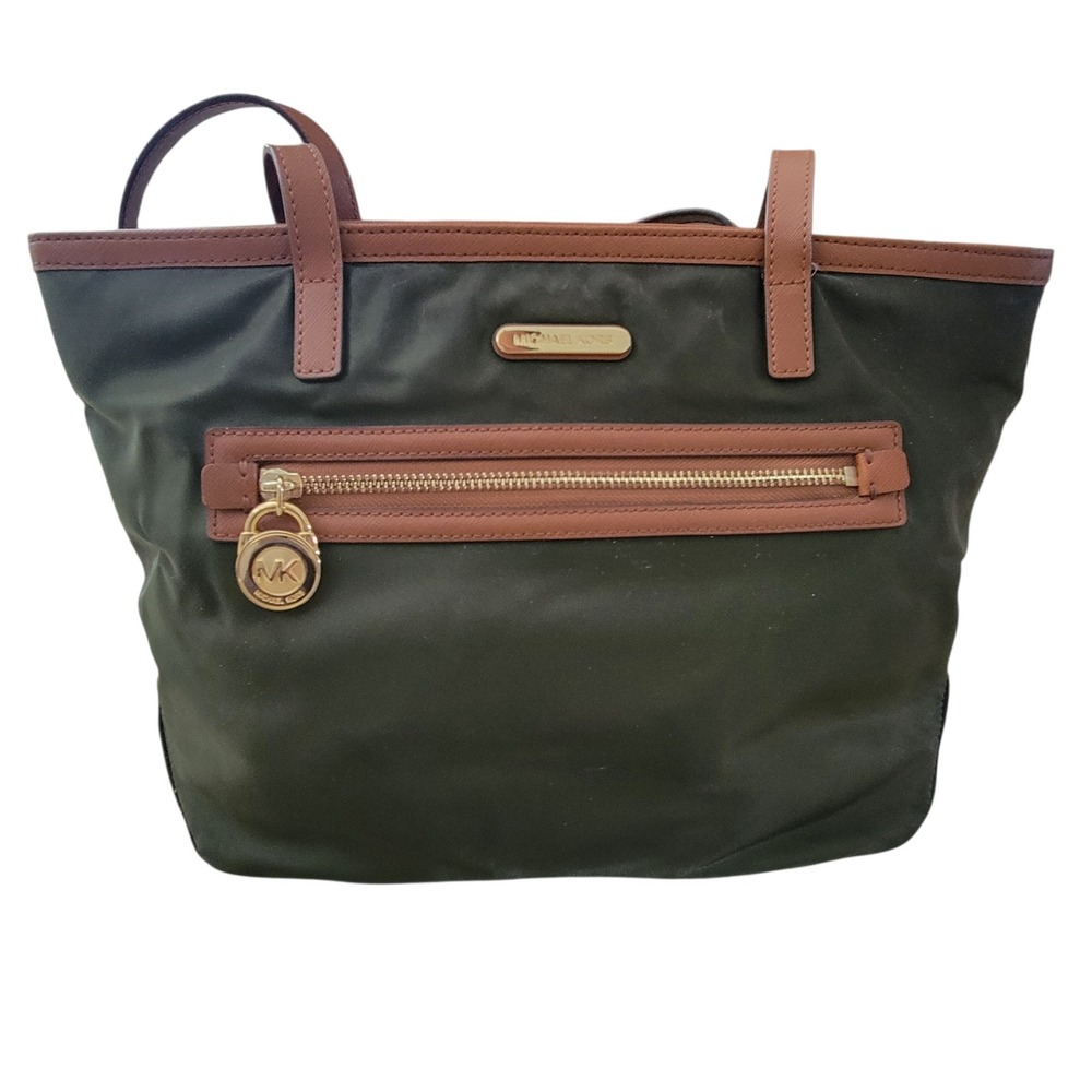 Michael Kors Nylon Tote Bag Olive Green Saffiano Leather Trim Gold Tone MK Charm